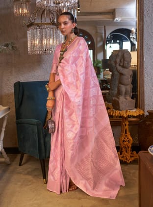 Pink Pure Linen Ikkat Patola Saree