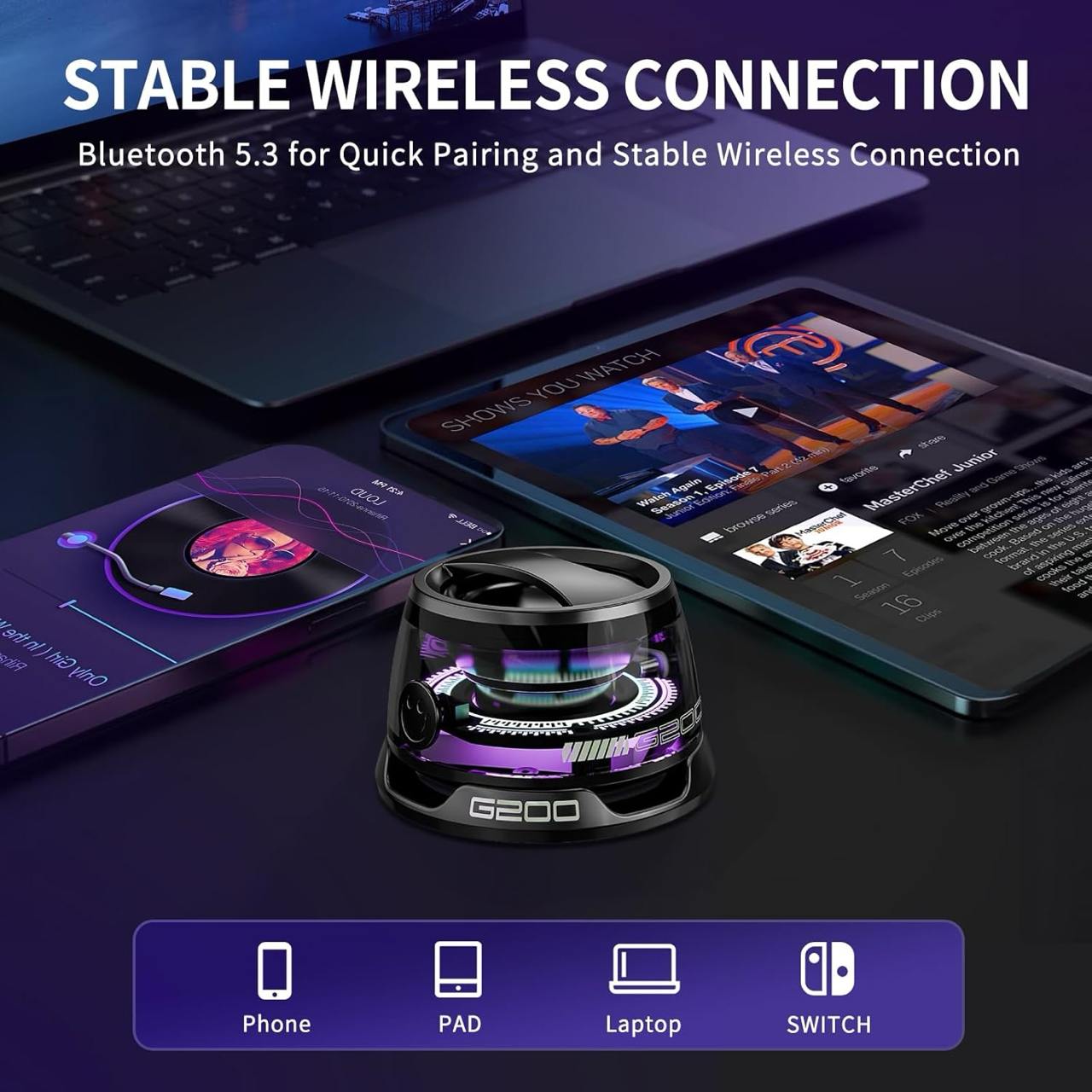 G200 Magnetic Bluetooth Speaker | Magnetic Bluetooth Speaker with MagSafe Mobile Stand, HD Sound, Upto 4 Hours Playtime, 40mm Driver, RGB LED Lights, Bluetooth 5.3V, Transparent Speaker, Type C Charging