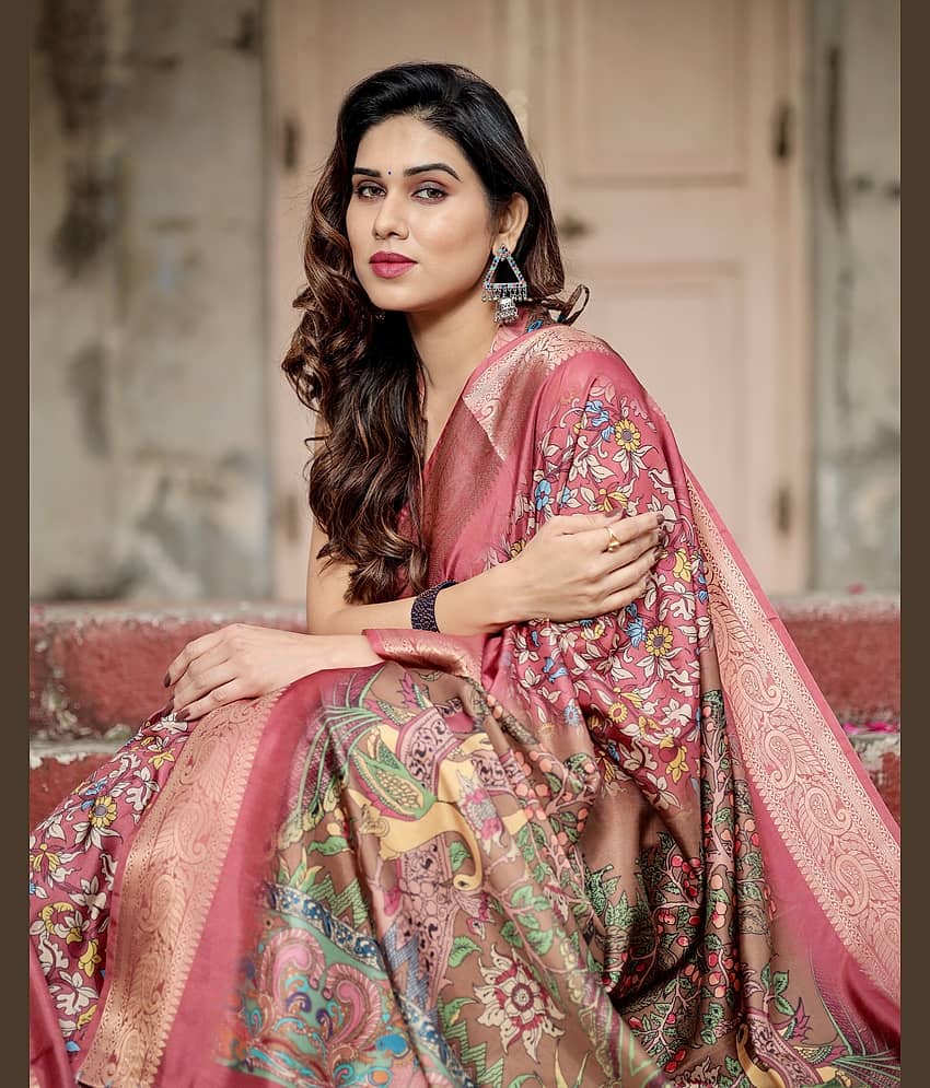 Almaari Fashion Cotton Silk Printed Saree With Unstitched Blouse Piece ( Brown )