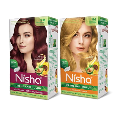 Nisha Creme Hair Color Combo, Pack of 2 Burgundy & Golden Blonde