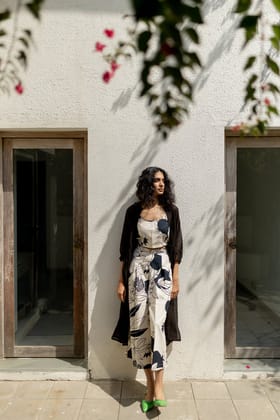 Cream pomegranate Co-ord with Black Overlay-S