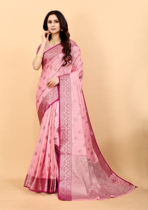 Yavira silk Women's Pink Handwoven Silk Blend Saree