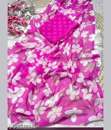 Bhuwal Fashion Georgette Printed Regular Saree With Unstitched Blouse Piece ( Red )