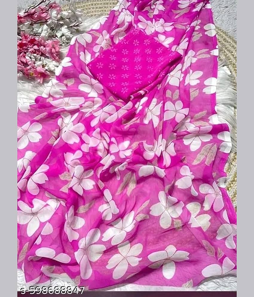 Bhuwal Fashion Georgette Printed Regular Saree With Unstitched Blouse Piece ( Red )