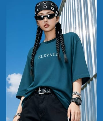 Rigo Women Cotton Printed Oversized Fit Round Neck T-Shirt ( Teal )