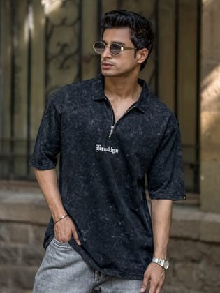 Washed Brooklyn Black Half Sleeve Polo T-Shirt-S