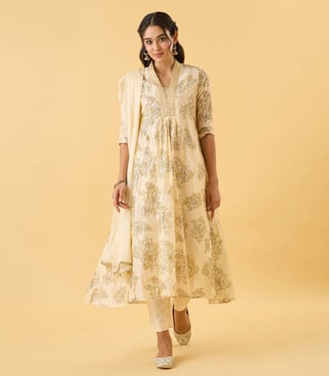 Cream Floral Printed Festive Anarkali Set-S / Cream