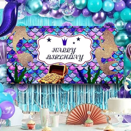 Mermaid Theme Multicolor Scale Print Happy Birthday Banner for Wall Decor -  4FT X 2FT - 1PC