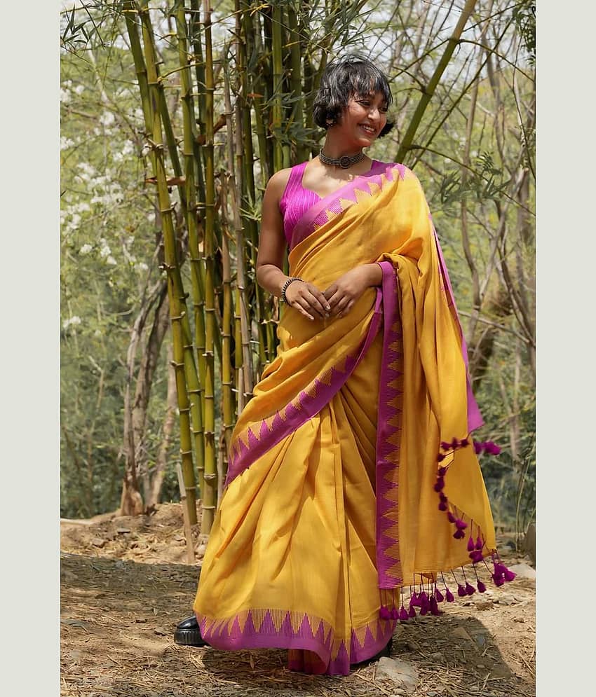 SARADA HANDLOOM Cotton Solid Saree With Unstitched Blouse Piece ( Yellow )