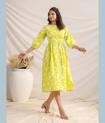 Janasya Women Cotton Printed A-line Dress ( Lime Green )
