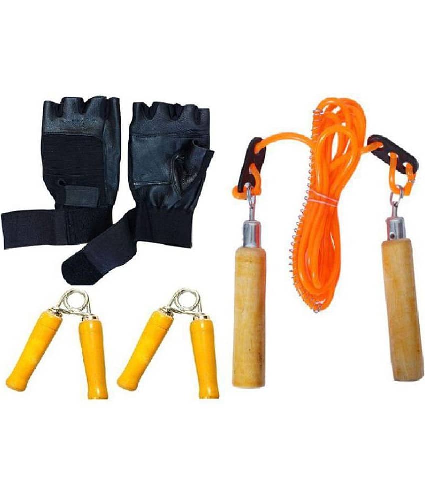 Home gym accessories combo with Adjustable wooden skipping rope+pair of wooden handgrippers and multiutility black gloves with wrist support