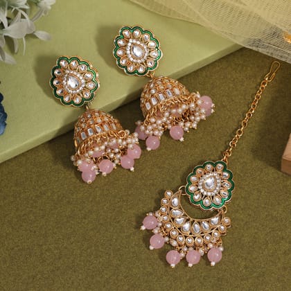 Pink Color Kundan Earrings With Maang Tikka (KDTE569PNK-Length: 7.00 CM x Width: 3.00 CM / Pink / Alloy With Good Quality Gold Plated