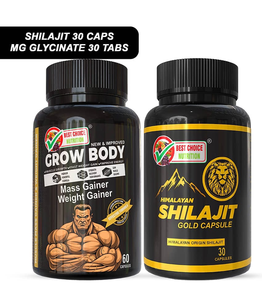 Best Choice Nutrition Shilajit Gold Capsules 30 + Grow Body Mass Gainer Capsules 60 | Weight Gain, Muscle Growth, Energy & Strength Booster Combo
