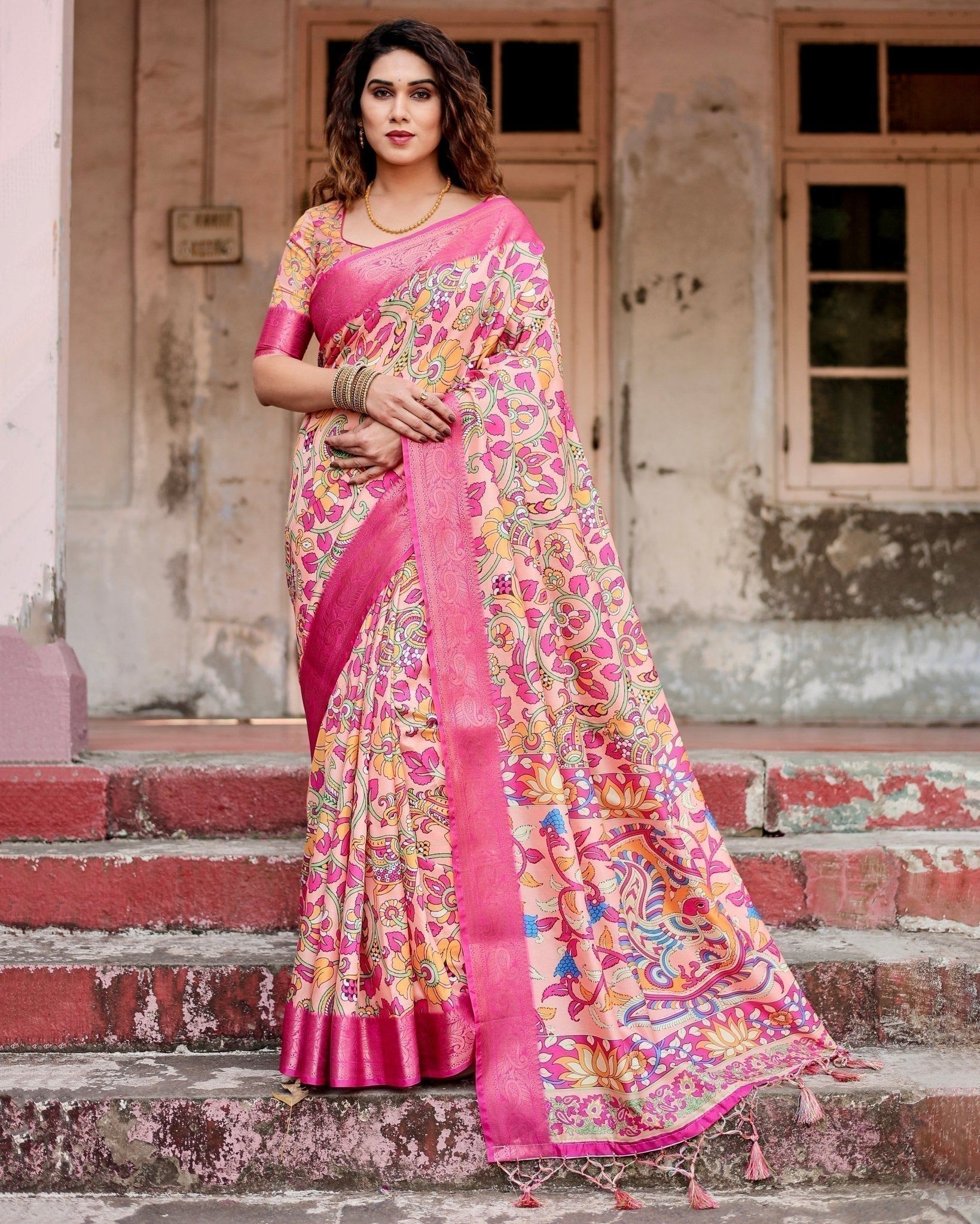 Peach and Fuchsia Floral Digital Print Tussar Silk Saree with Zari Border and Paisley Pallu-Regular