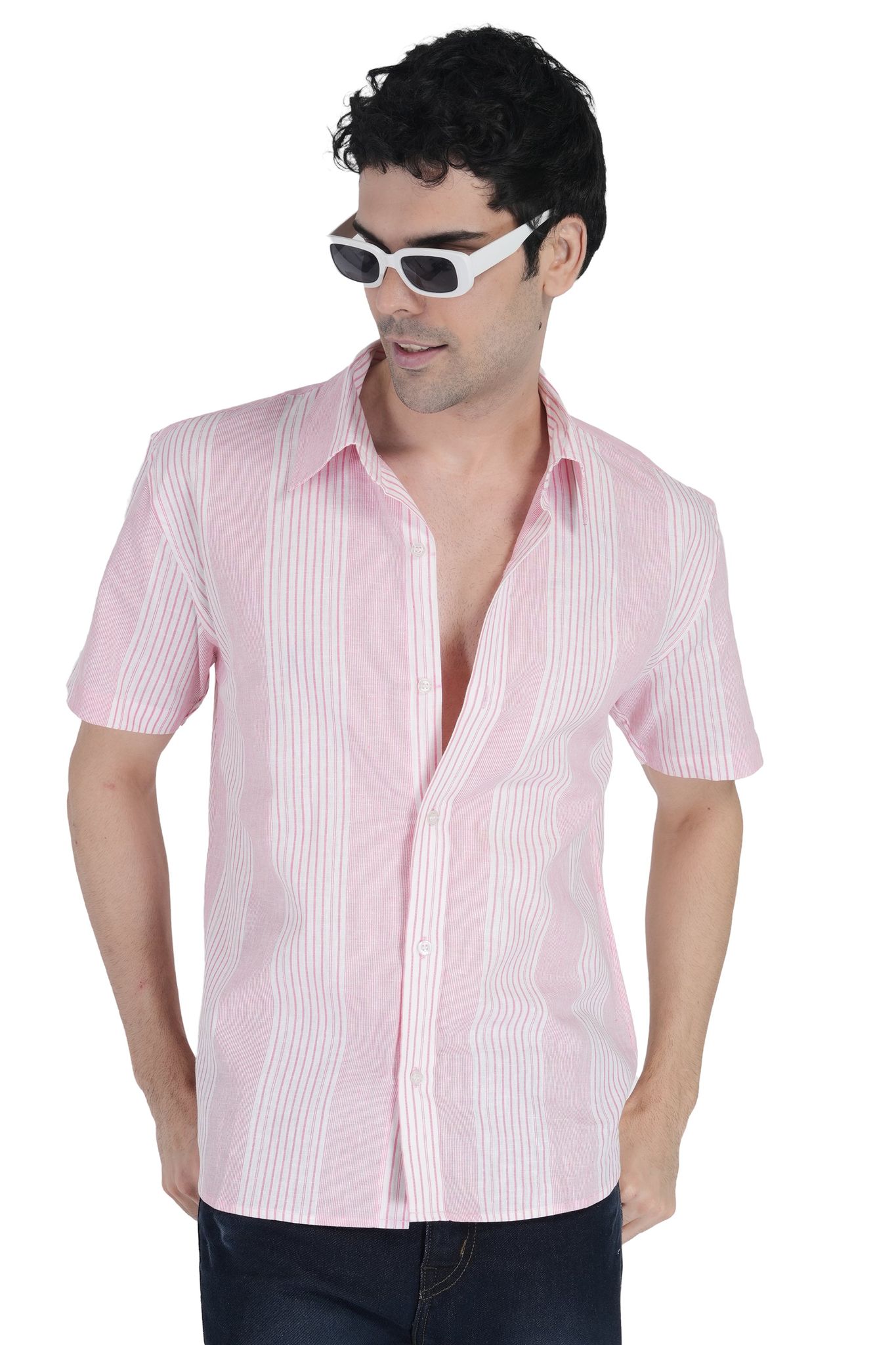 Men's Pink White Line Half Sleeve Striped Shirt
