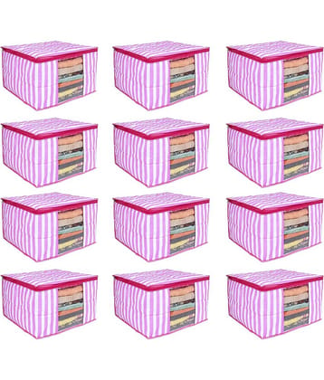 PrettyKrafts 3 layered Quilted saree Cover Bag/wardrobe organizer with transparent window (Pack of 12), Pink Stripes