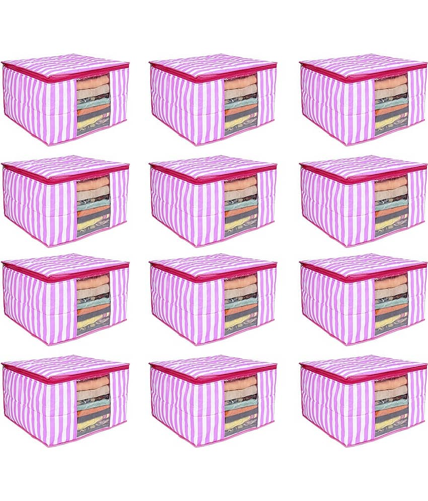 PrettyKrafts 3 layered Quilted saree Cover Bag/wardrobe organizer with transparent window (Pack of 12), Pink Stripes