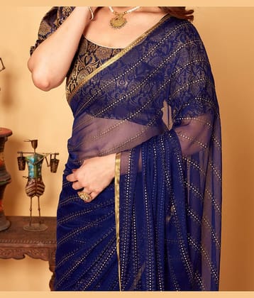 Parmila Fashion Chiffon Embellished Saree With Unstitched Blouse Piece ( Navy Blue )
