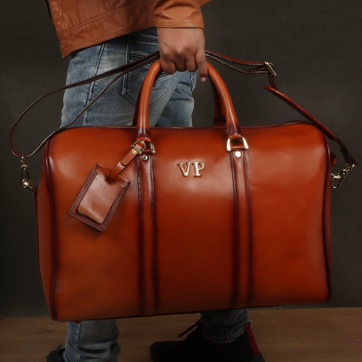 Customized 'VP' Metal Initial Handmade Tan Leather Duffle Bag With Bag Tag By Brune & Bareskin-FS