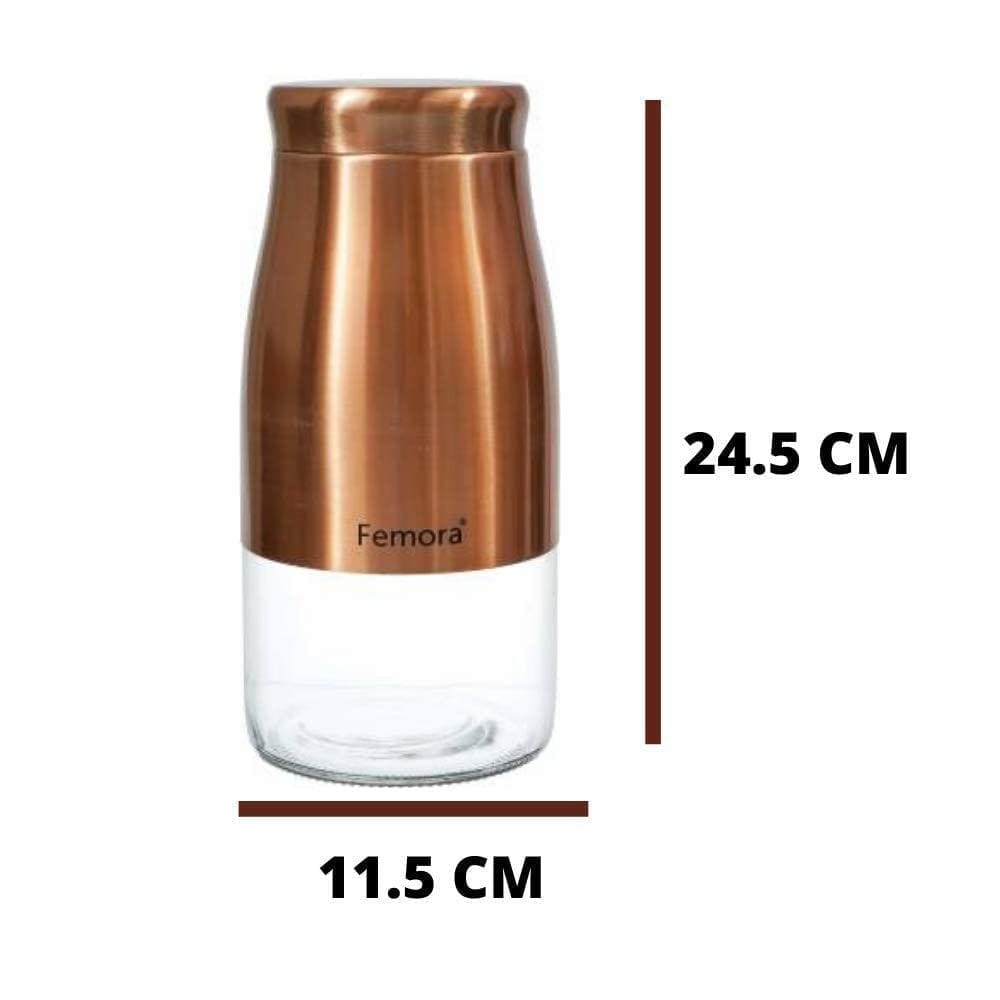 Femora Clear Glass Gold Metallic Steel Glass Jars Tea Sugar Jar Container Cereal, Spices, Pulses Container Spice Jar for Kitchen Storage Jars for Kitchen Storage, 900 ml/gm, Free Replacement of Lids