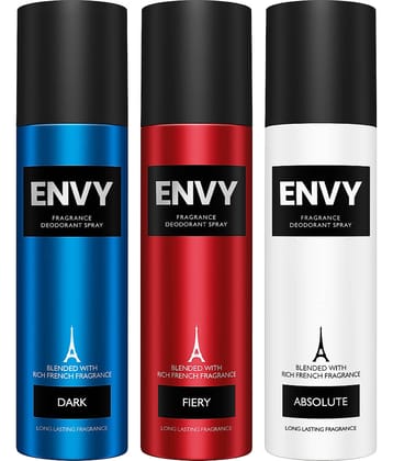 Envy Dark, Fiery & Absolute 140 ml Each Deodorant Spray for Men 420 ml ( Pack of 3 )