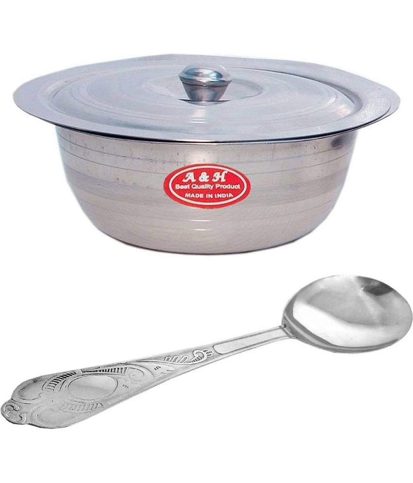 A & H ENTERPRISES Set of 1 Pc Serving Bowls With Lid ( Dongas ) & 1 Serving Spoon - Stainless Steel
