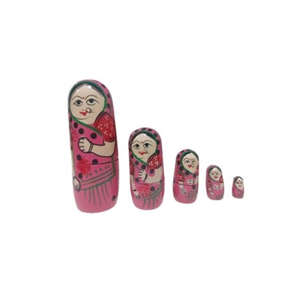 Wooden Handmade and Hand Painted Wooden Women Nesting Dolls (Set of 5) Pink