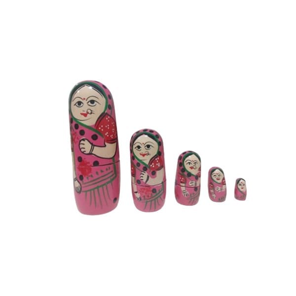 Wooden Handmade and Hand Painted Wooden Women Nesting Dolls (Set of 5) Pink