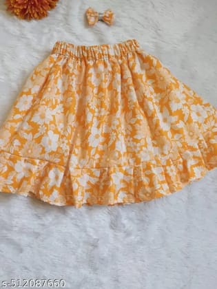 Fashionifyy Cotton Flared Skirt - Orange floral design Colour with matching accessory