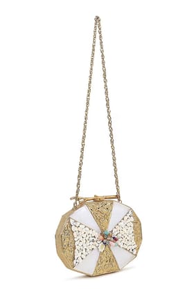 Gold Brass Metal Mother Of Pearl Embellished Oval Clutch Gold Brass Metal Mother Of Pearl Embellished Oval Clutch