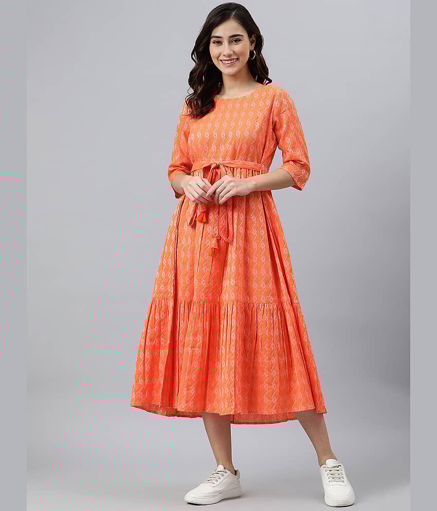Janasya Women Cotton Printed Fit & Flare Dress ( Orange )