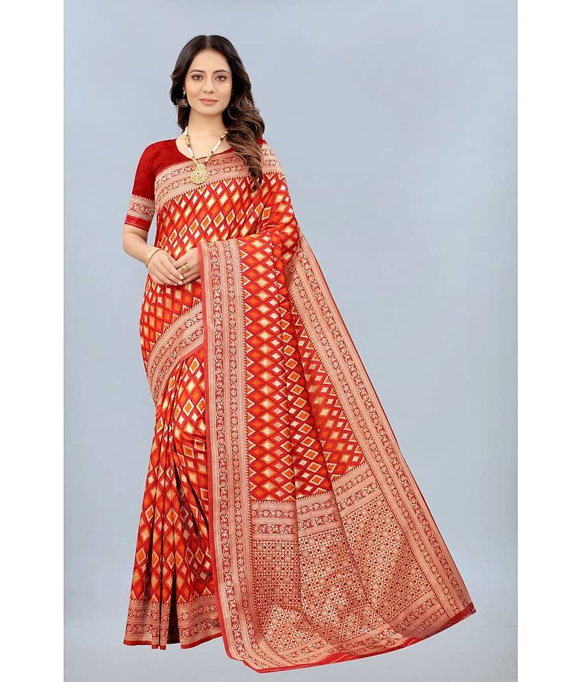 NENCY FASHION Banarasi Silk Embellished Saree With Unstitched Blouse Piece ( Red )