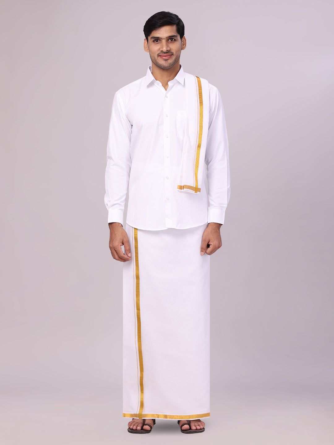 Mens White Full Sleeves Wedding Shirt, Dhoti & Nerial Combo - Cistus_White-36 / F/S / White