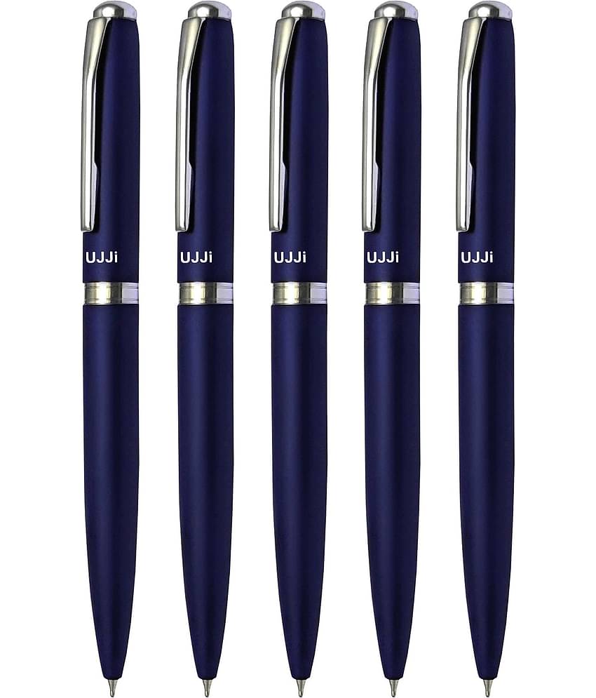 UJJi Blue Color Matte Finish Body Pack of 5 Twist Mechanism (Blue Ink) Metal Ball Pen