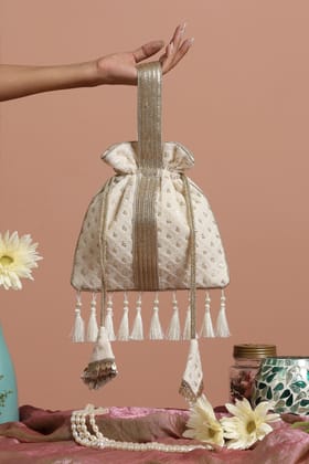 Zulfi White Georgette with Gold Sequin Potli Bag