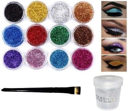 Elecsera Multi Colors Eye Dry Thick Shimmer Glitters - Pack of 12 Pcs with Eye Glue/Gum & Eyeshadow Brush - Makeup - Sets and Kits | Buy online on ZillyBuy