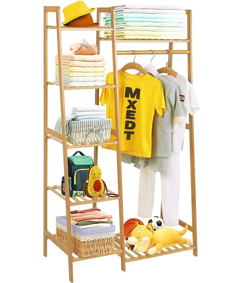 House of Quirk Bamboo Wood Garment Rack Clothing Rack with 5 Tiers Storage Shelf Corner Clothes Hanging Rack (Ladder Design)(80cm Width)