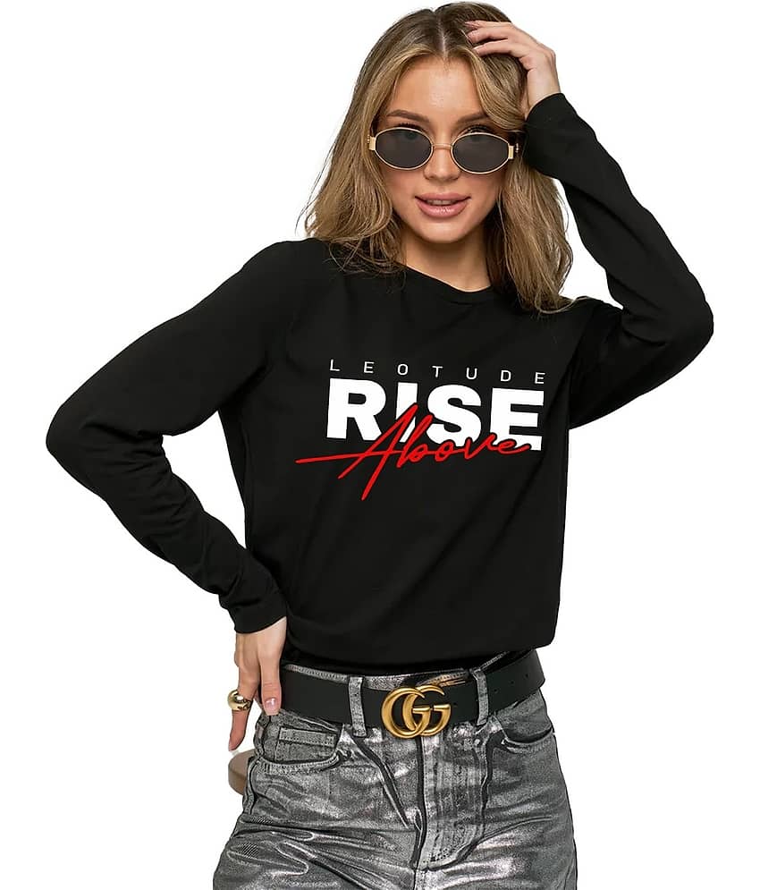 Leotude Women Cotton Blend Printed Oversized Fit Round Neck T-Shirt ( Black )