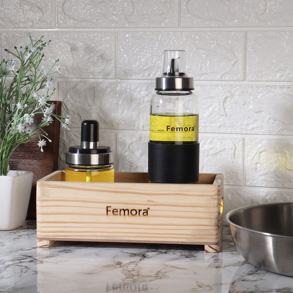 Femora Borosilicate Glass Oil Bottle, 500 ML with Ghee Brush Jar 250 ML in One Wooden Tray for Kitchen