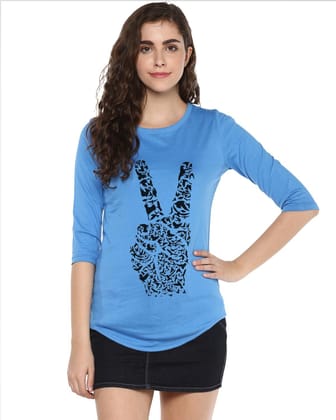 Womens 34U Peace Printed Blue Color Tshirts-Blue / Small / 100% Bio Wash Cotton