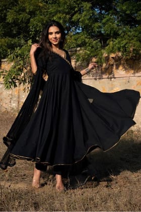 Black Georgette Long Maxi Gown With Dupatta-M (38)