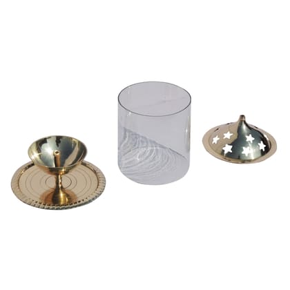 Brass Table Decor Oil Lamp Deepak With Chimney  - Vintage Style Deepak for Mandir, Height : 5.7 Inch (ZMAS014 X)