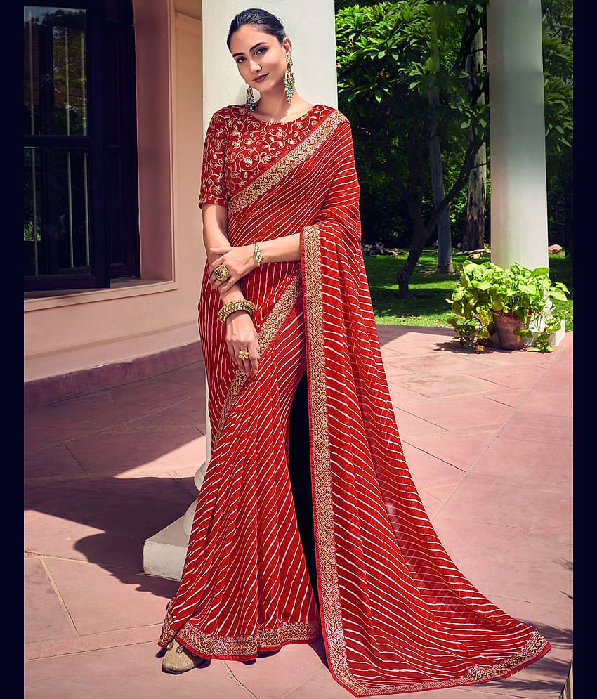 Satrani Georgette Printed Saree With Unstitched Blouse Piece ( Purple )