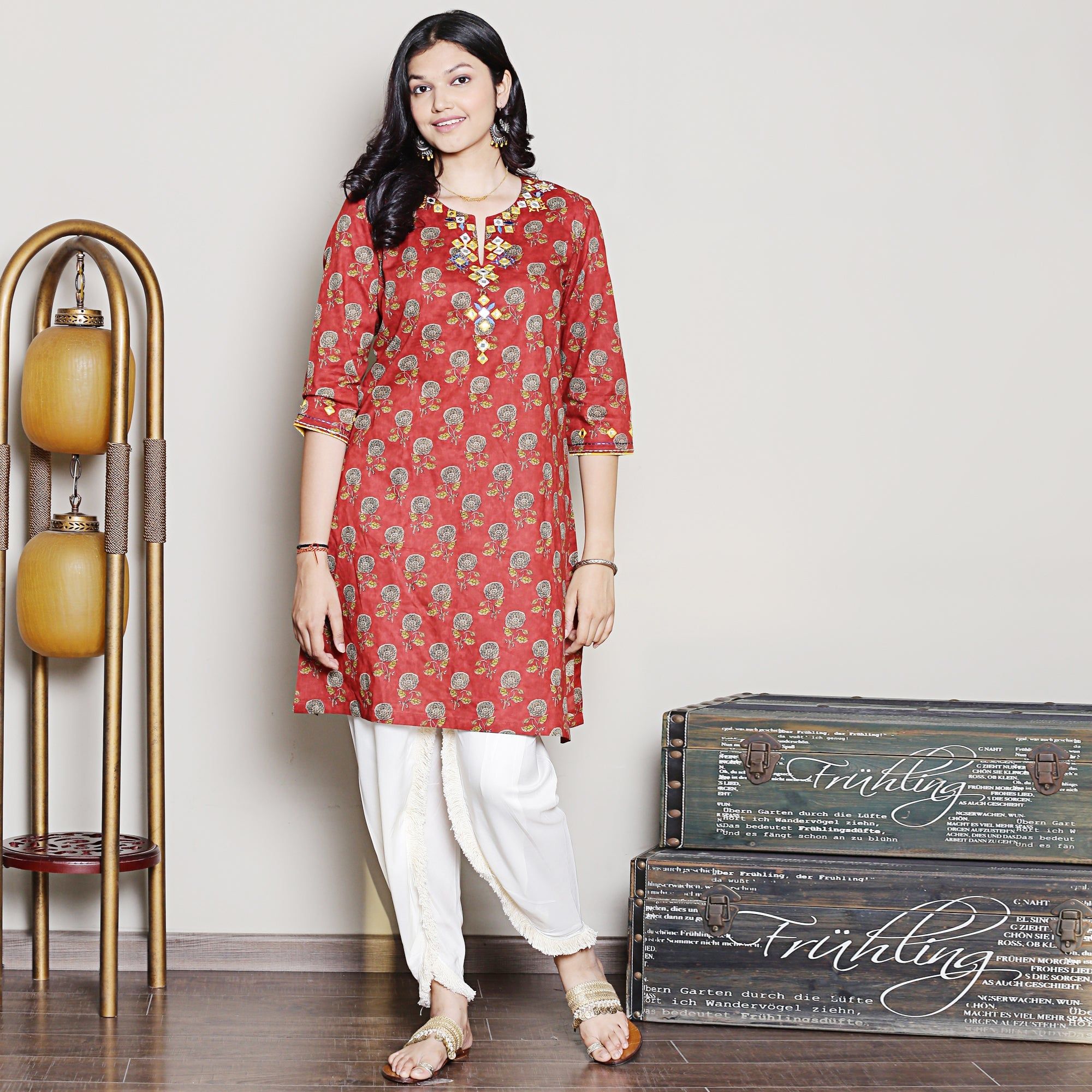 Block printed red embroidered kurta set with dhoti pants-XS