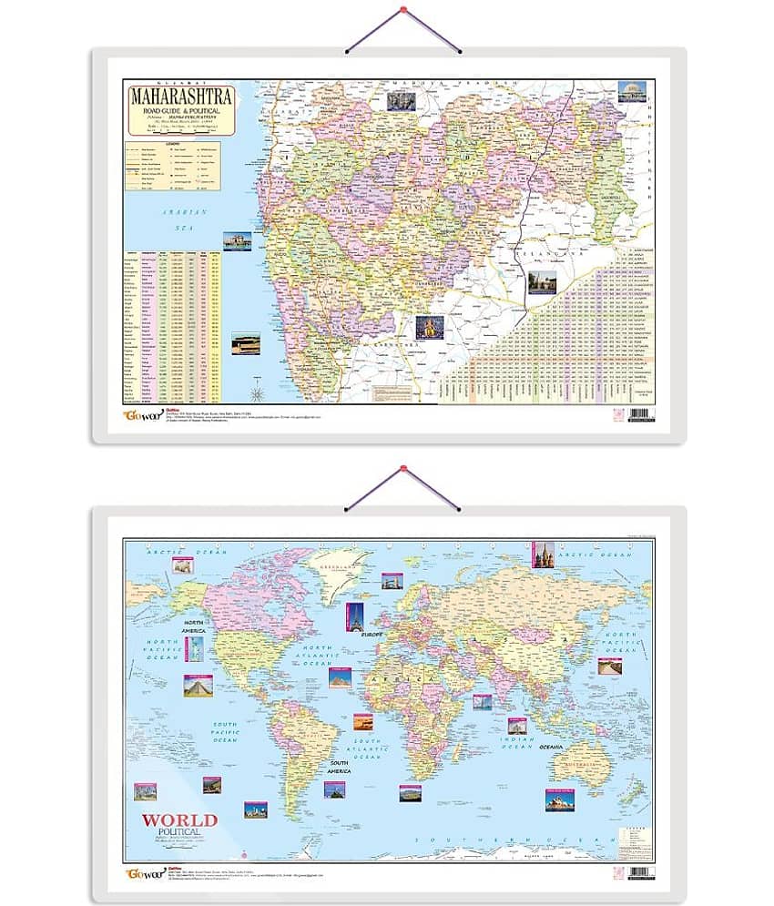 Set of 2 World Political and Maharashtra Road Guide & Political Map Educational Charts | 20"X30" inch |Non-Tearable and Waterproof | Double Sided Laminated |Useful For Preparation Of SSC, UPSC, RRB, IES, and other exams