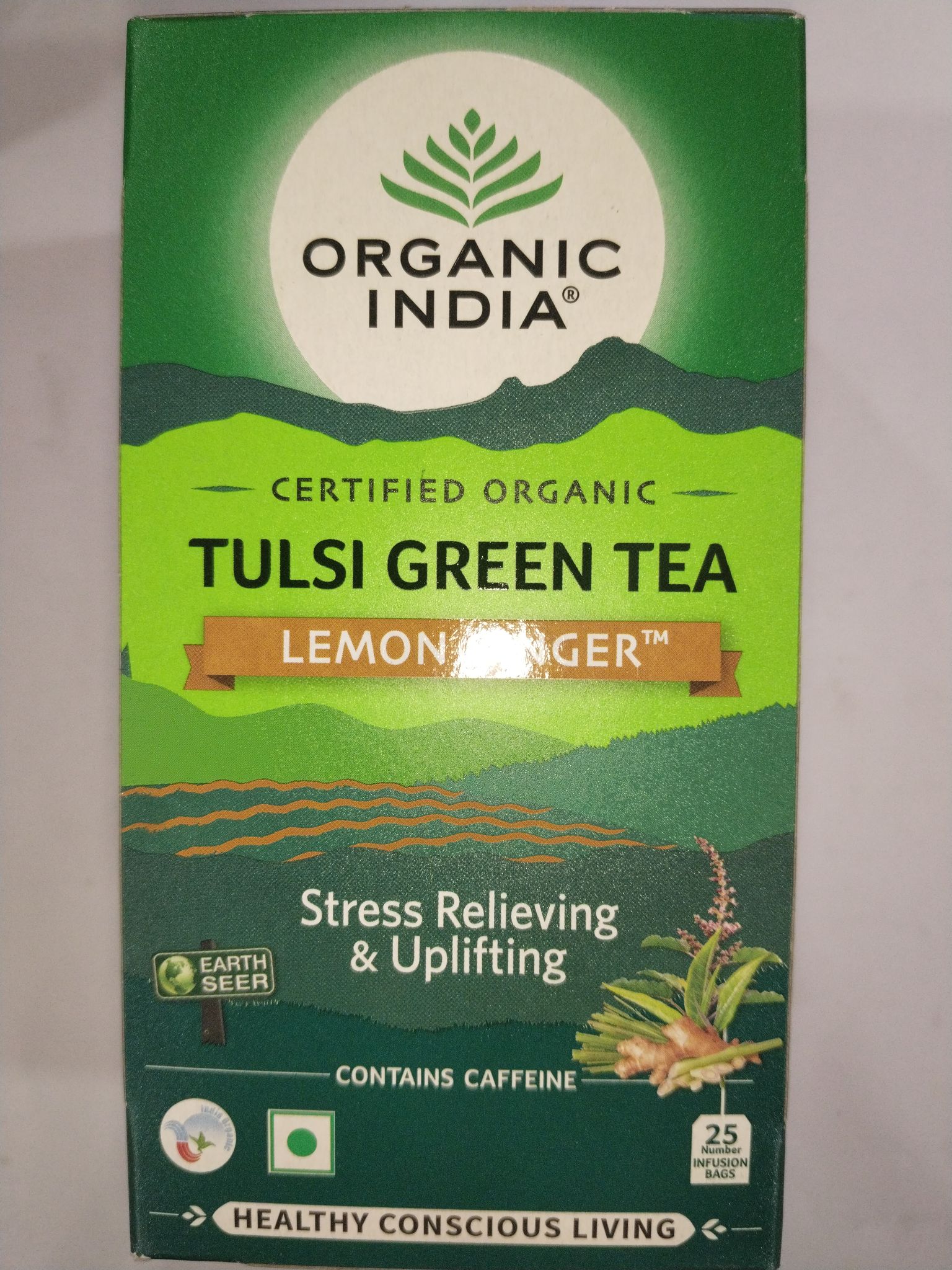 Organic India Tulsi green tea Lemon ginger Stress relieving & uplifting 25teabags x1.8g 