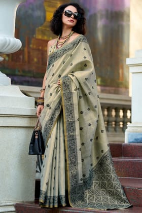 Bronco Beige Linen Tissue Silk Saree