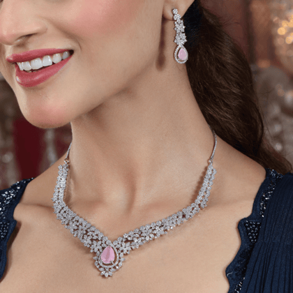AD tear drop Pink stone necklace set with earrings