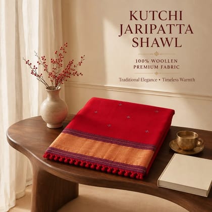 Chilly Red Kutchi Jaripatta Woollen Shawl