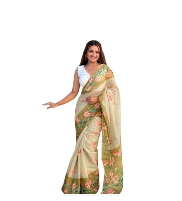 DARSHANS Women's Linen Printed Saree With Unstitched Blouse 5.5Mtr (Mahendi)-PID65201
